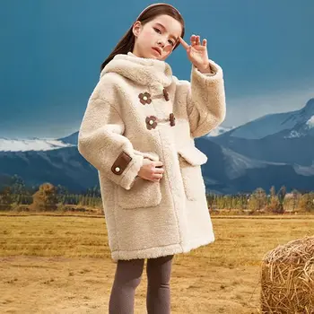 Пальто для девочек, куртка из овечьей шерсти, верхняя одежда на пуговицах, Длинный теплый плотный мех средней длины, бархат, зимняя хлопковая подростковая детская одежда T47