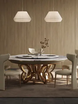 Стол из натурального роскошного камня Круглый светлый роскошный большой обеденный стол из плоского мрамора отель может вращать большой круглый стол