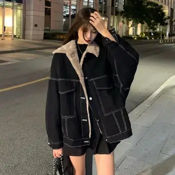 Новое Корейское модное Зимнее женское пальто, теплая джинсовая толстая куртка с лацканами 2023 года, Повседневная рабочая одежда, куртки с хлопковой подкладкой для женщин, топы