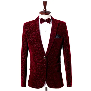 Мужской бордовый бархатный костюм, пиджак для свадьбы, блейзер для выпускного вечера, мужские костюмы с брюками, торжественное платье для банкета, хора