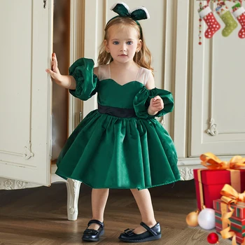 Детское Рождественское платье для девочек, детское платье принцессы без плеч, зеленое, на 1-й день рождения, детские праздничные платья для девочек, свадьба, Рождественский вечер