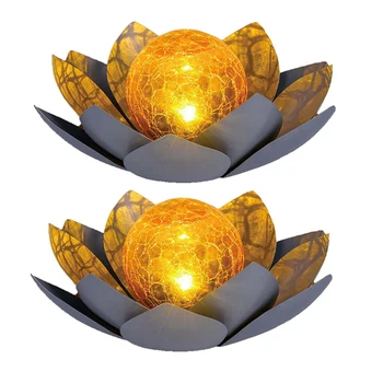 2X Солнечных фонаря для наружного декора сада, Янтарный хрустящий глобус, Стеклянное украшение в виде лотоса, водонепроницаемый металлический цветок (серый)
