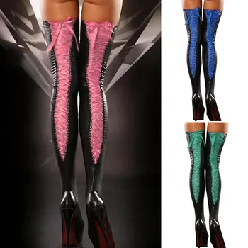Сексуальные клубные женские удобные чулки в стиле хип-хоп, дышащие кожаные длинные носки с кружевным бантом, Веселые забавные открытые кальсеты