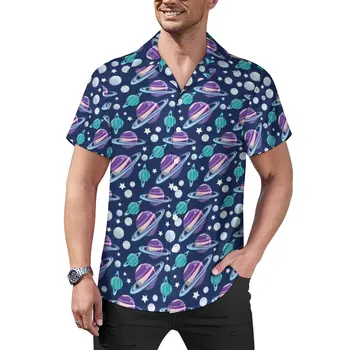 Свободная рубашка Galaxy Moon, мужские повседневные рубашки с рисунком космических планет, Гавайские забавные блузки Оверсайз на заказ с короткими рукавами