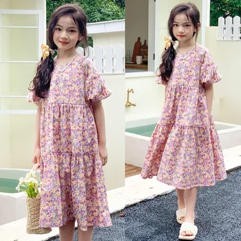 Платье с цветочным рисунком для девочек, лето 2023, новая модная повседневная одежда, милое детское платье средней длины с пышными рукавами, # 7351