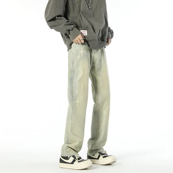 Осень/Зима 2023, Новые американские джинсы с принтом High Street Vibe Star, мужские эластичные длинные брюки желтого цвета с прямыми рукавами и грязью.
