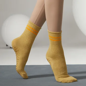 Хлопковые однотонные полосатые носки до середины икры для йоги, Носки для пилатеса, нескользящие носки для занятий танцами, фитнесом, Носки для занятий спортом в спортзале