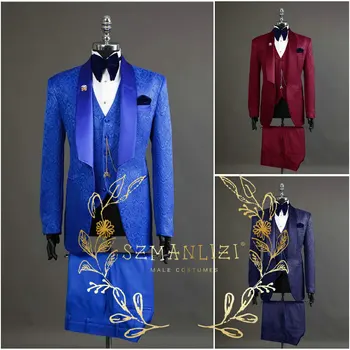 Костюмы для мужчин, Королевский синий Платок С лацканами, Цветочный Комплект из 3 предметов, Костюм Homme 2023, Новый современный Элегантный свадебный костюм, Смокинг для жениха, Вечернее платье